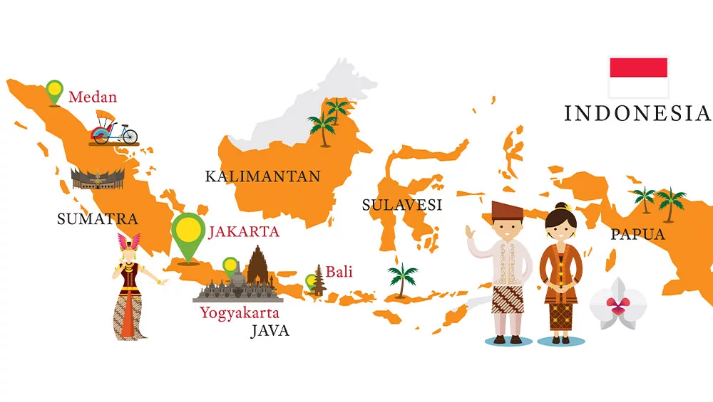 a map of indonesia with people and orange and white text