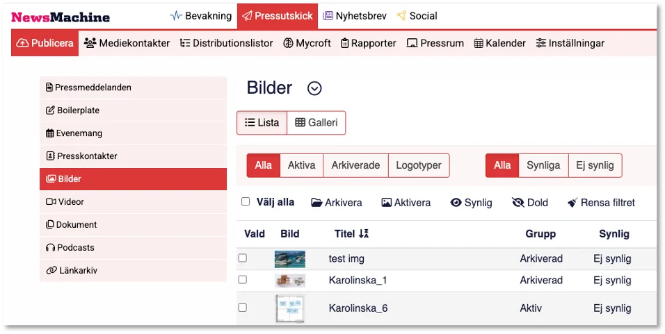 Image management interface with options